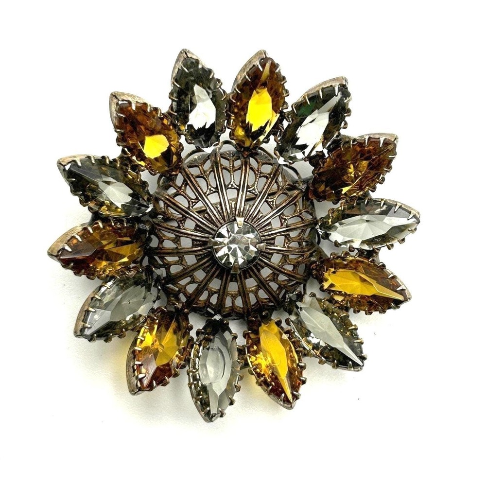Vintage Domed Sunburst Brooch Amber Smoky Gray Rhinestones Filigree 1950s‎